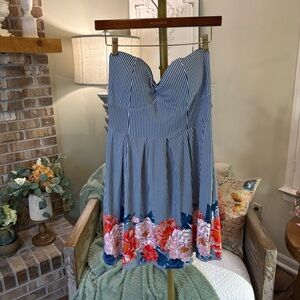 NBD Blue and White Striped Dress with Floral Hem
